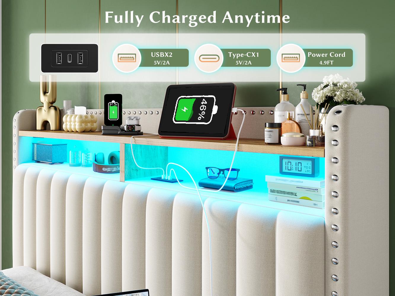 Raybe Furniture Upholstered Bed Frame with LED & Charging Station & 2 Drawers, MATTRESS NOT INCLUDED, Twin, Full, King, Queen Size Bed Frame with Headboard &Shelves, Holds 1000 LBS, No Noise