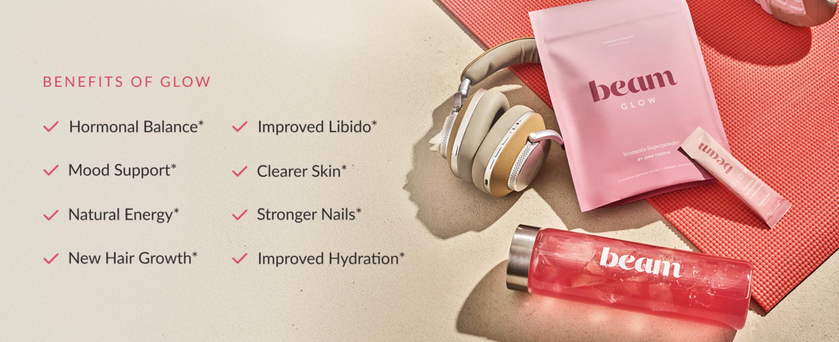 Beam Glow Daily Women's Superblend, 15 single-serve packets per bag, Supplement For Hair Growth, Stronger Nails & Skin Health. Hormone Balance. Vegan & Caffeine-Free