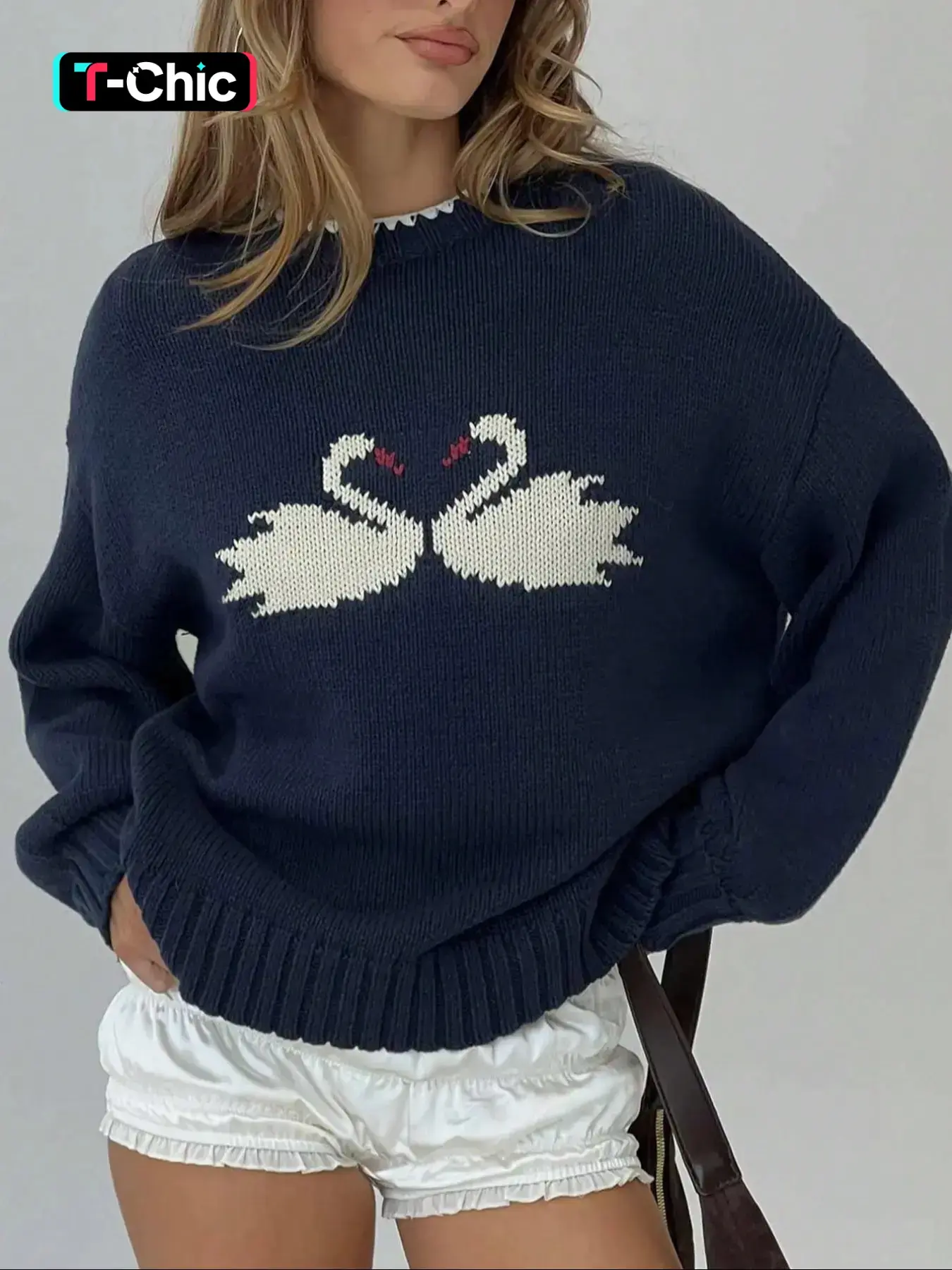 Knit Sweater Top Graphic Swan Pattern Crew Neck Long Sleeve Soft Knit Pullover Casual Knitwear Loose Oversized Cozy Fall, Autumn Knit, Winter Trendy Womens Chic Street Style Relaxed Fit Jumper
