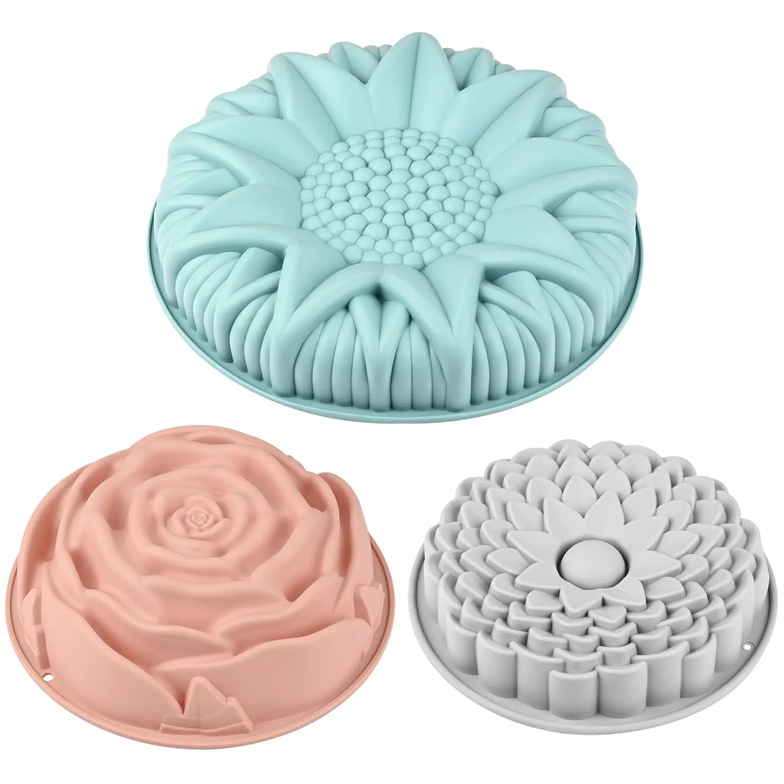 3 Pack Flower Shape Silicone Cake Molds, Large Round Silicone Molds for Baking Cake, Breads, Pies, Tarts, Jello(Rose, Chrysanthemum, Sunflower) Birthday Pan