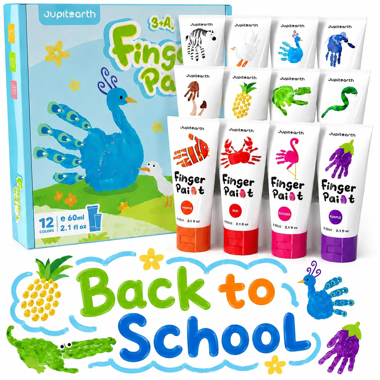JUPITEARTH 28 PCS Finger Paint, Washable Paint for Todllers 1-3, Non-Toxic 12 Vibrant Colors (2.1fl oz/60ml ) , Palette, Apron, Brush, Eye Stickers, Baby Safe Paints for Hand and Feet, Safe Preschool Art Supplies for Kids tiktokshopbacktoschool