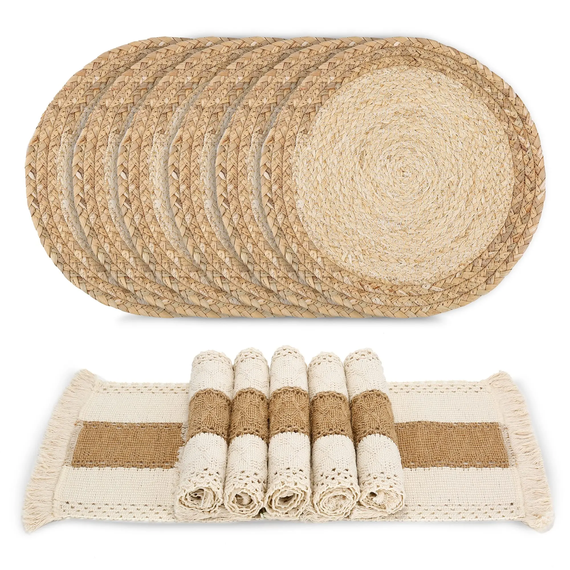 6-Piece Handwoven Cotton-Burlap & Water Straw Woven Rectangle Boho Placemats, Durable Sturdy Fabric, Soft Comfortable Kitchen Tableware for Indoor Family Meals, Farmhouse Decor Accessories That Enhances Ambiance, Six Pieces
