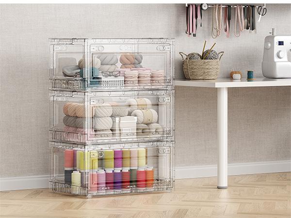 BROVIEW Clear Stackable Storage Bins Drawers, Open Front Large Plastic Storage Bins with Lids, Foldable Closet Organizers and Storage for Wardrobe Cabinets, Pantry, Makeup