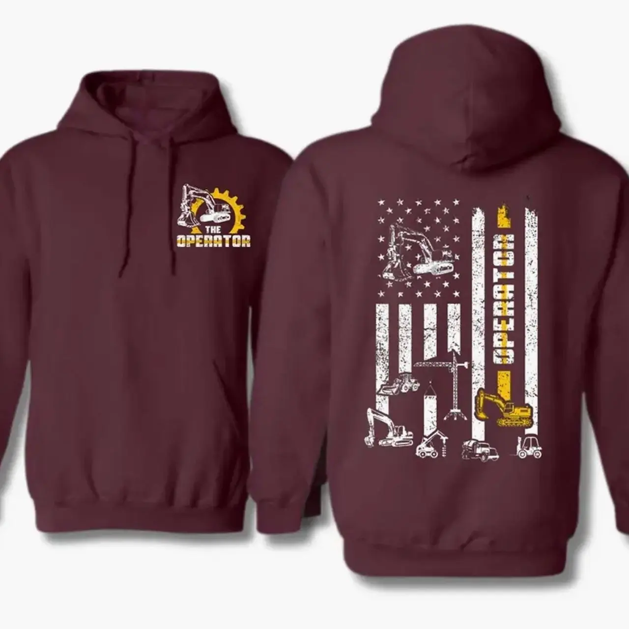 Heavy Equipment Operator Flag Hoodie – Excavator & Construction Machine Graphic, Blue Collar Worker Pullover, Warm Winter Hoodie for Men & Women