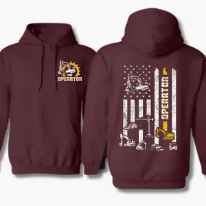 Heavy Equipment Operator Flag Hoodie – Excavator & Construction Machine Graphic, Blue Collar Worker Pullover, Warm Winter Hoodie for Men & Women