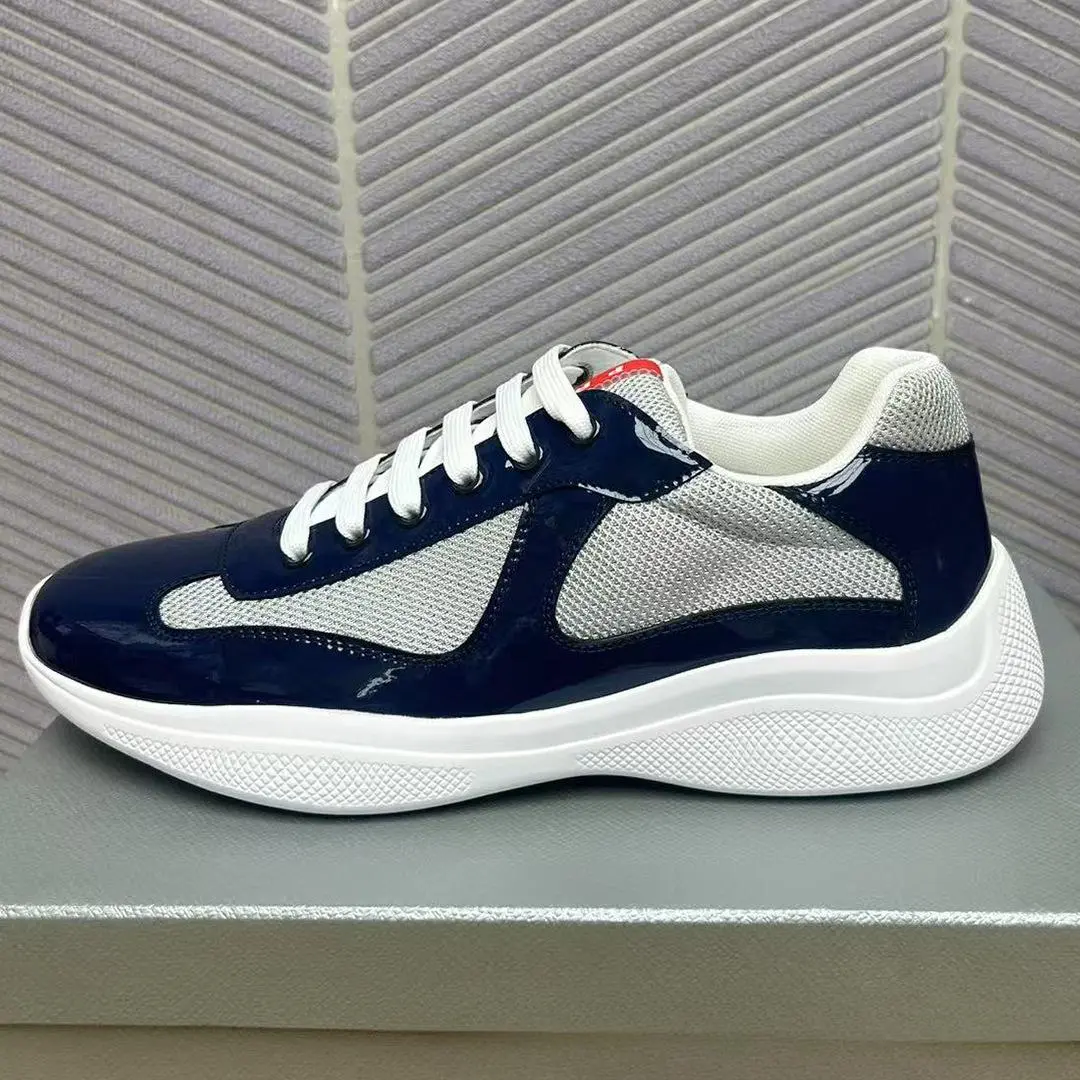 Men's Sporty Sneakers with Patent Leather and Breathable Lacquer-Gray Mesh, Lace-Up Athletic Trainers for Casual Running, Men’s Shoes, Sporty Chic, Breathable Mesh, Optimal Airflow, All Seasons, Deep Blue Lacquer Gray Mesh