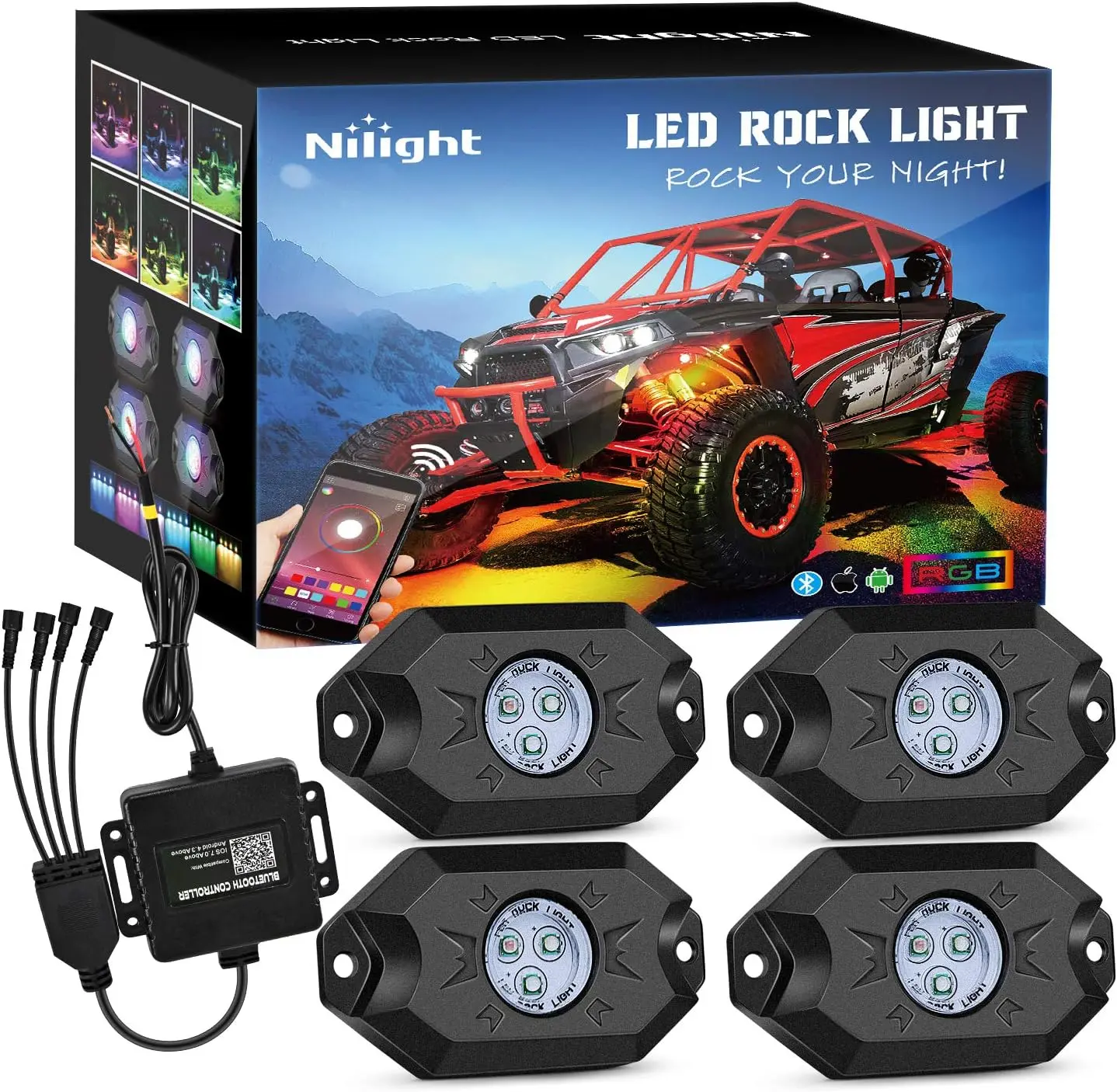 Nilight RGB LED Rock Lights Kit - 4/6/12 Neon Glow Underglow Pods with LED Chips, Adjustable Remote & Bluetooth App Control, Fading Music Mode, Ambient Lighting Car for Offroad Vehicles, Android 4.3+ Compatible