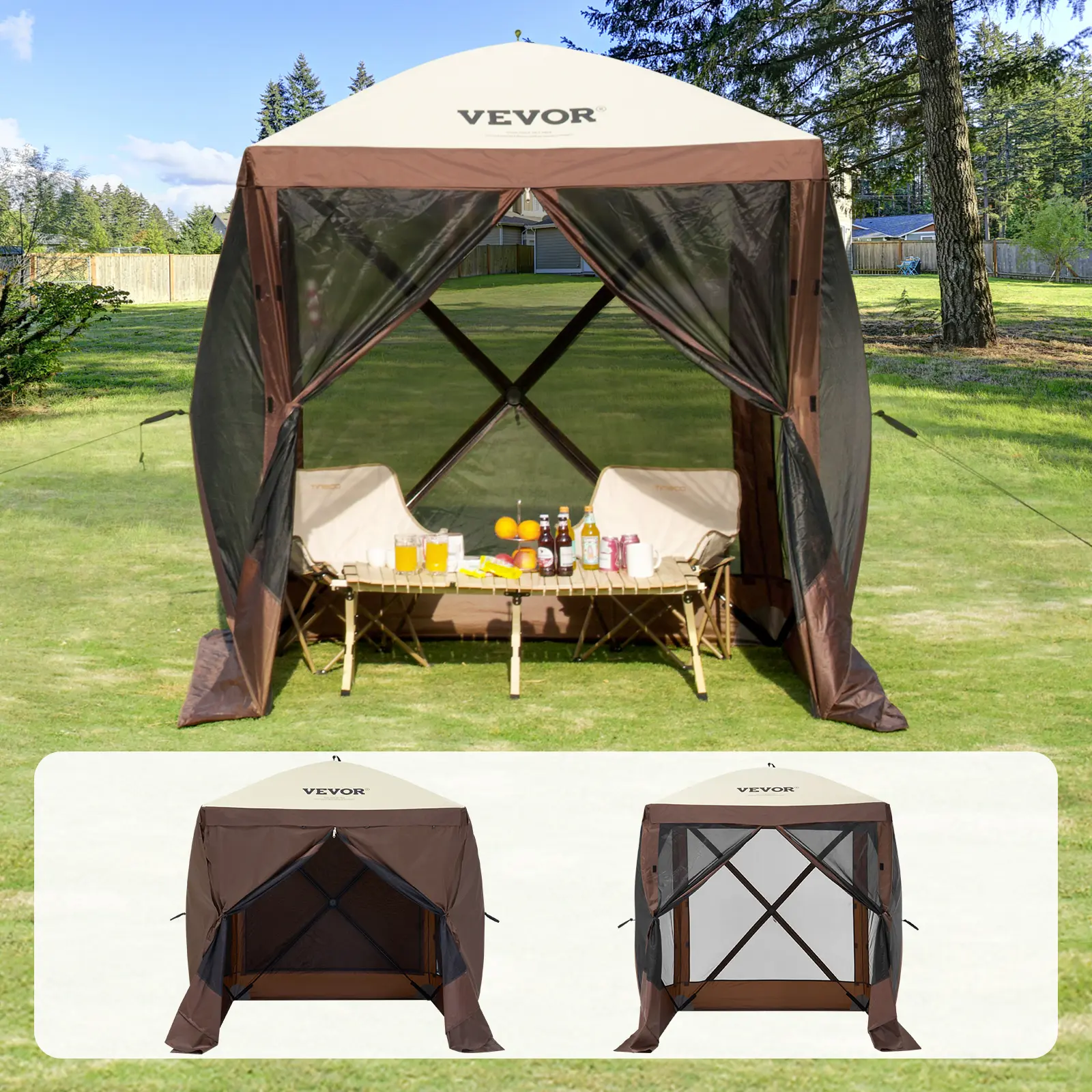 【summerfinds】VEVOR Pop Up Gazebo Tent, Pop-Up Screen Tent 4 Sided Canopy Sun Shelter with 4 Removable Privacy Wind Cloths & Mesh Windows, 6x6FT Quick Set Screen Tent with Mosquito Netting, Brown