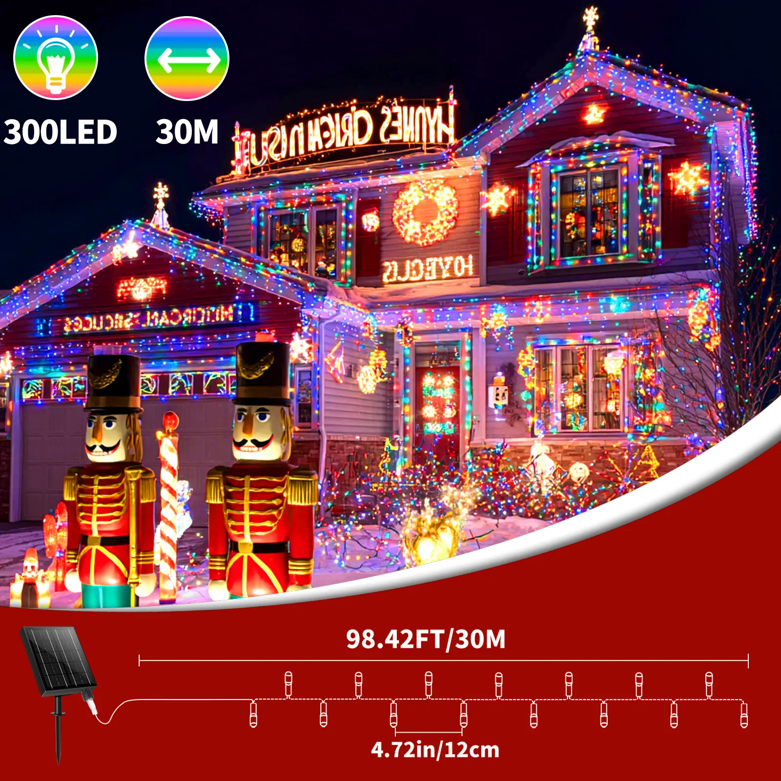 Solar Icicle Christmas Decor Lights, IP65 Waterproof Outdoors Lights, 30m+98in 300LED, 2500mA, USB Dual Power Supply, 8 Modes, Timed Control Remote Switch, Expandable Connectable for Roof Eaves, Party