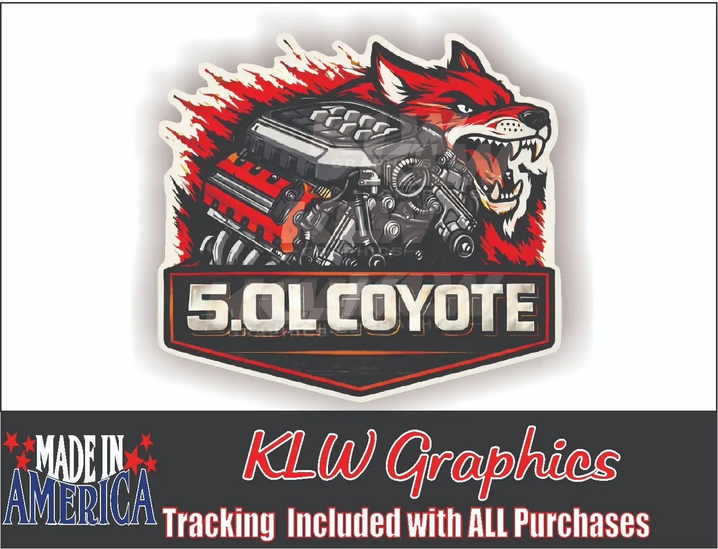 Coyote 5.0L Red Style Full Color Windshield Vinyl Decal Sticker Mustang 5.0 2014 -2026 V8 Graber Race Car