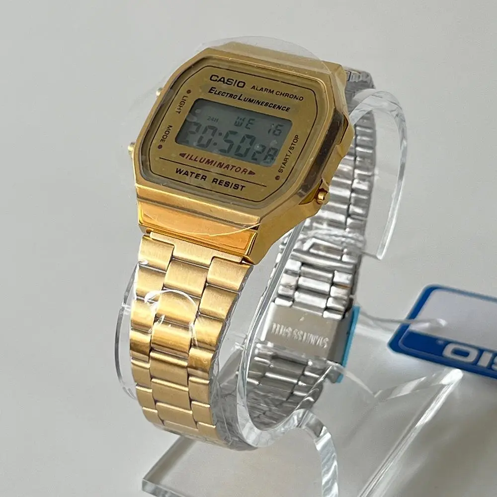 Casio A168WA Unisex Vintage Fashion Watch, Digital Square Dial Watch with Blue-Green Face, Retro Square Case, Metal Bracelet for Casual Wear