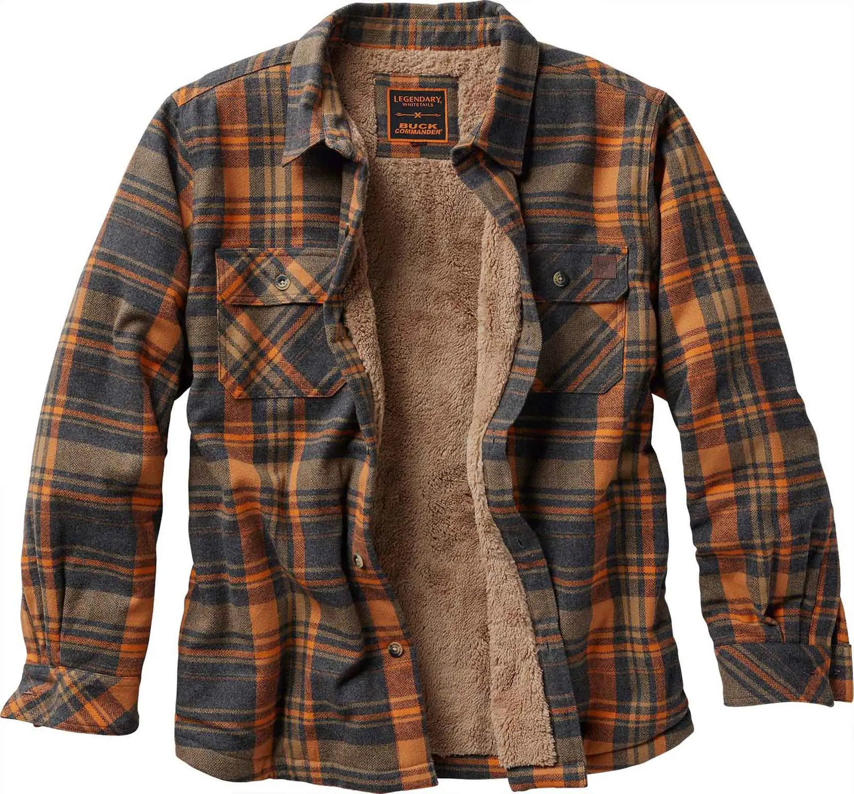 Legendary Whitetails Men's Buck Commander Deerfield Plaid Cotton Casual Flannel Berber-Lined Shirt Jacket Tops, Soft, Low-Iron Menswear with Pocket