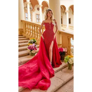 Ava Presley 47253 Long Off-Shoulder Overskirt Beaded Designer Slit Organza Dress