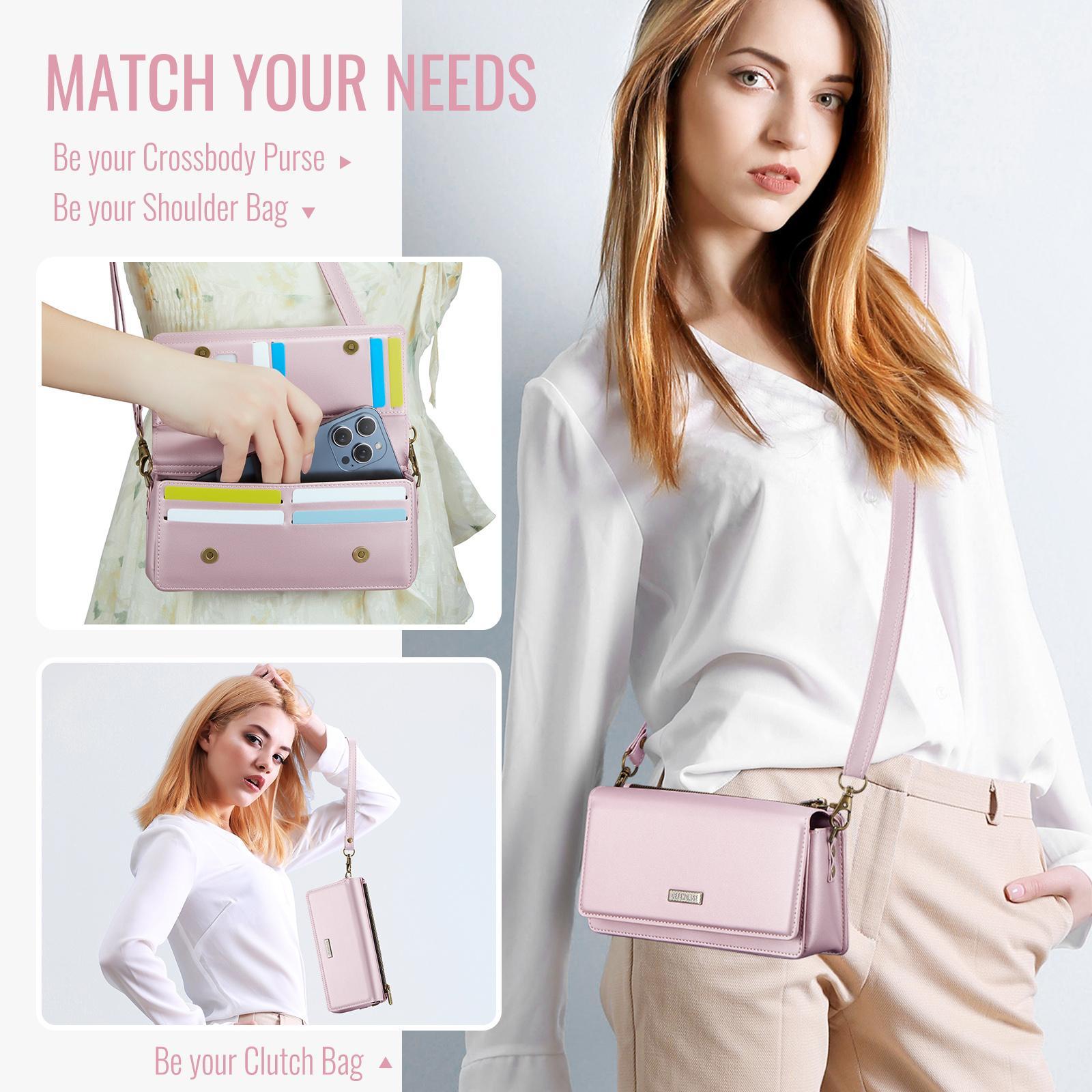 Crossbody Phone Wallet Women RFID Blocking Multi Card Slots with Detachable Wristlet Shoulder Strap Zipper Pocket