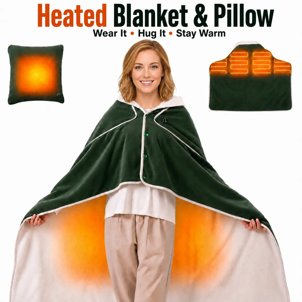 Portable USB Heated Blanket, 4-in-1 Flannel Wearable Heated Throw, Pillow, Shawl & Heating Pad, 3 Heat Settings, Fast Warming for Home, Office, Camping & Travel (Available with or Without Power Bank)