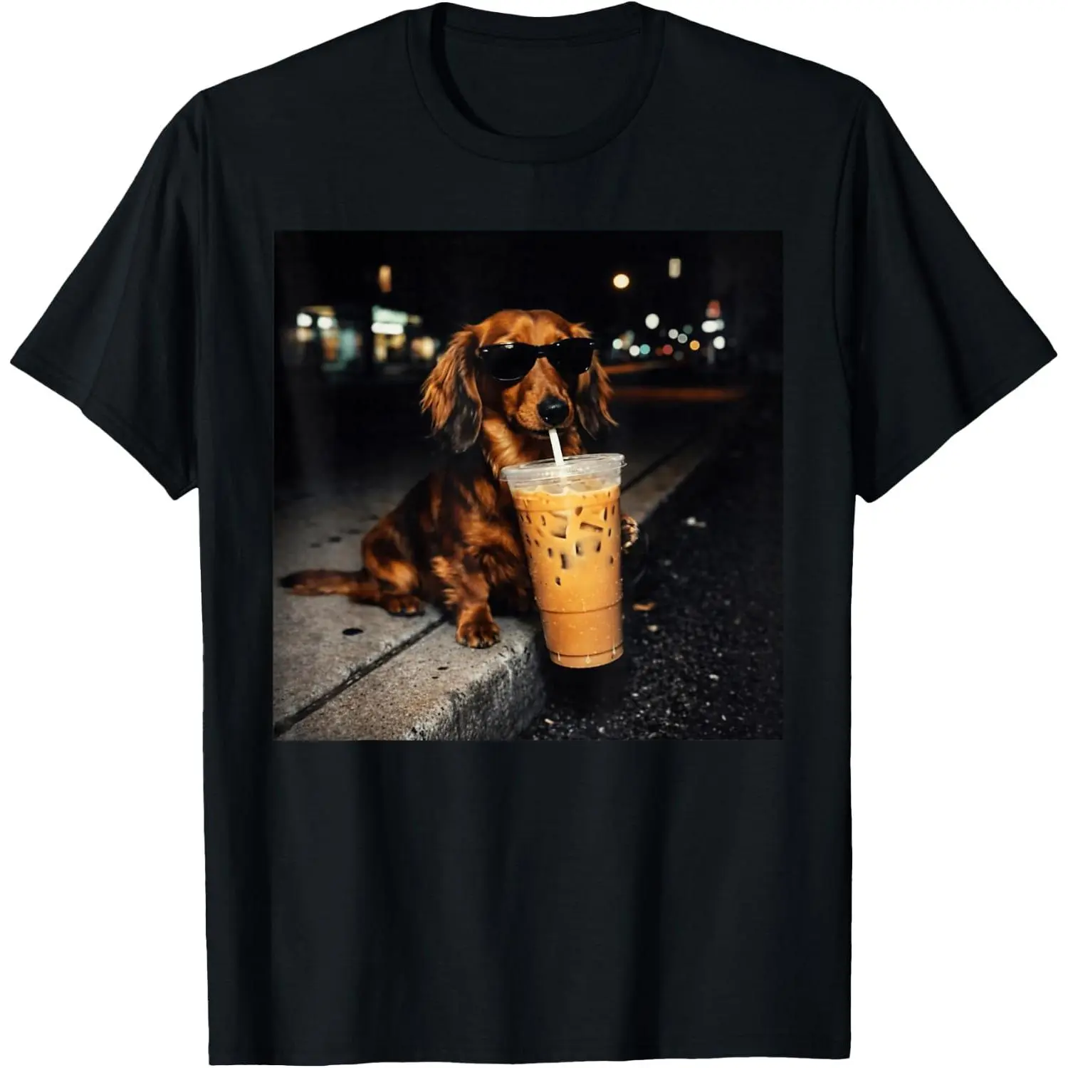 Funny Dachshund Drinking Iced Coffee T Shirts for Men and Women Cute Dog Meme Tees