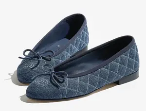 Chanel 26P Washed Denim Blue Quilted CC Logo Bow Tie Ballet Ballerina Flat