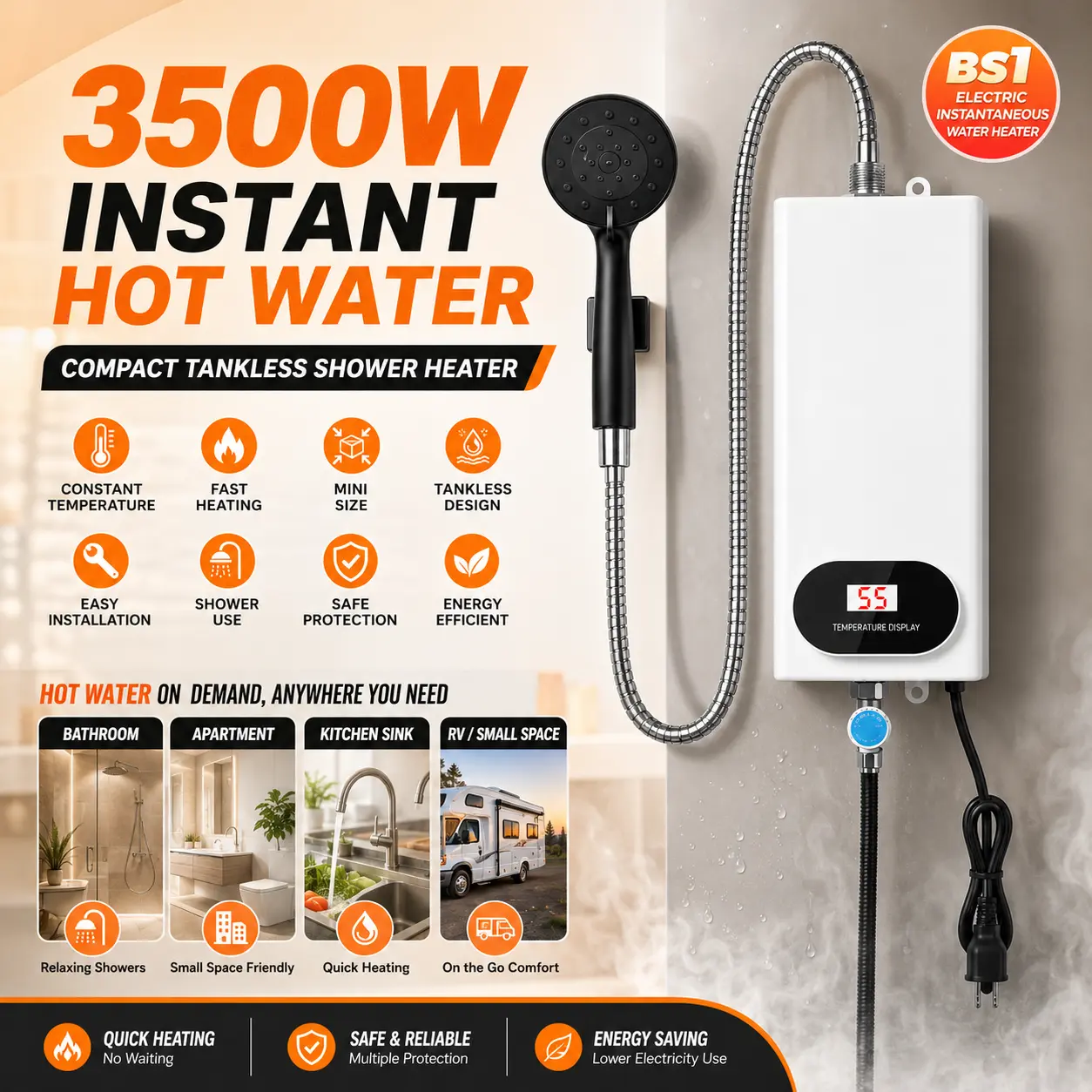 110V 3500W Tankless Electric Water Heater with Shower Head, Instant Hot Flow, Strong Steady Shower Flow, LCD Temperature Display, Compact for Bathroom Kitchen, Easy Install #SummerVibes, Heating
