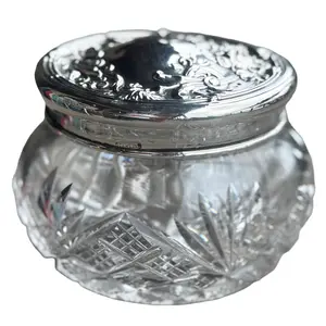Vintage Cut Crystal Vanity Jar with Sterling Silver Lid | Floral Repoussé Dresser Jar