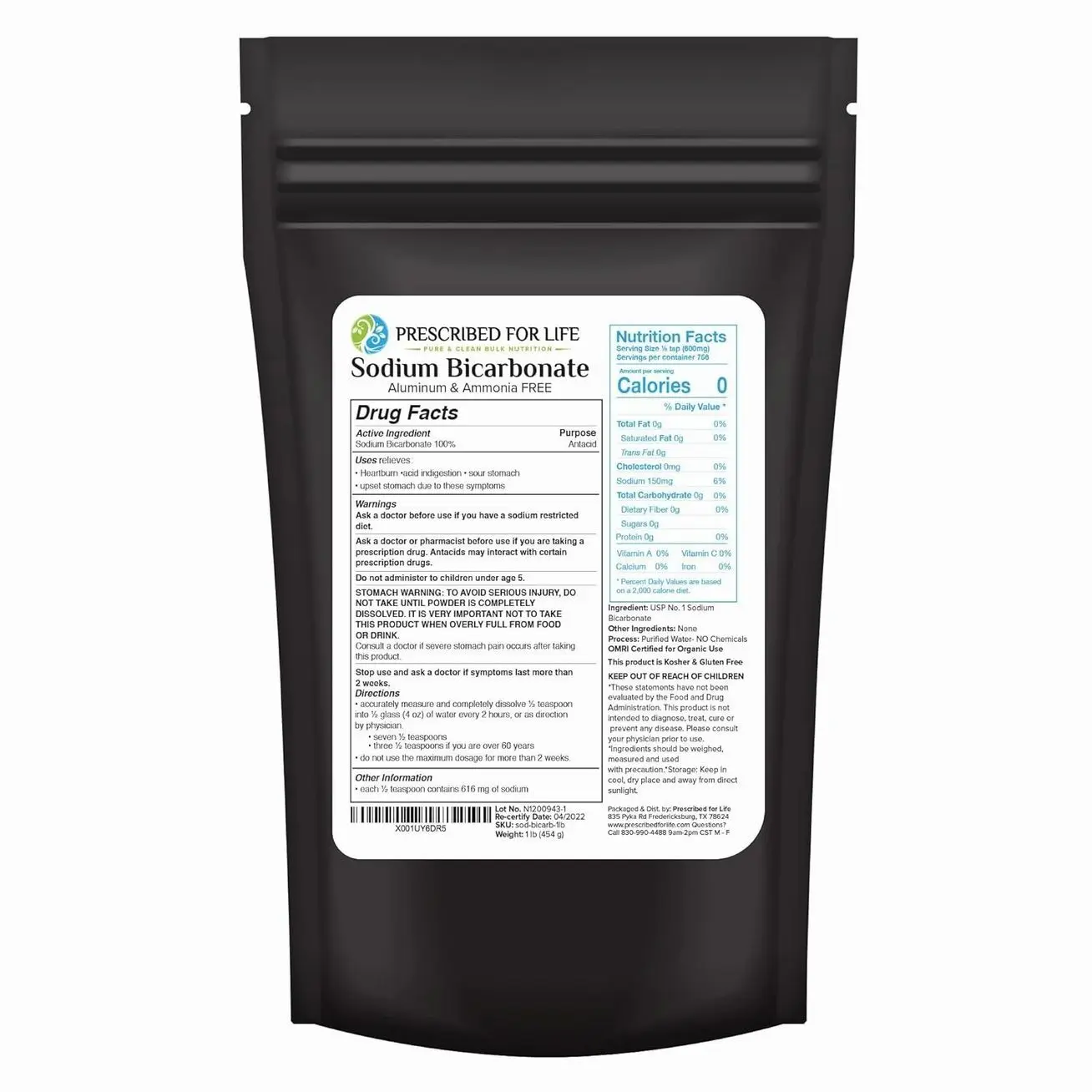 Prescribed For Life, Natural Sodium Bicarbonate (Baking Soda) Powder, 1 Lb Pouch