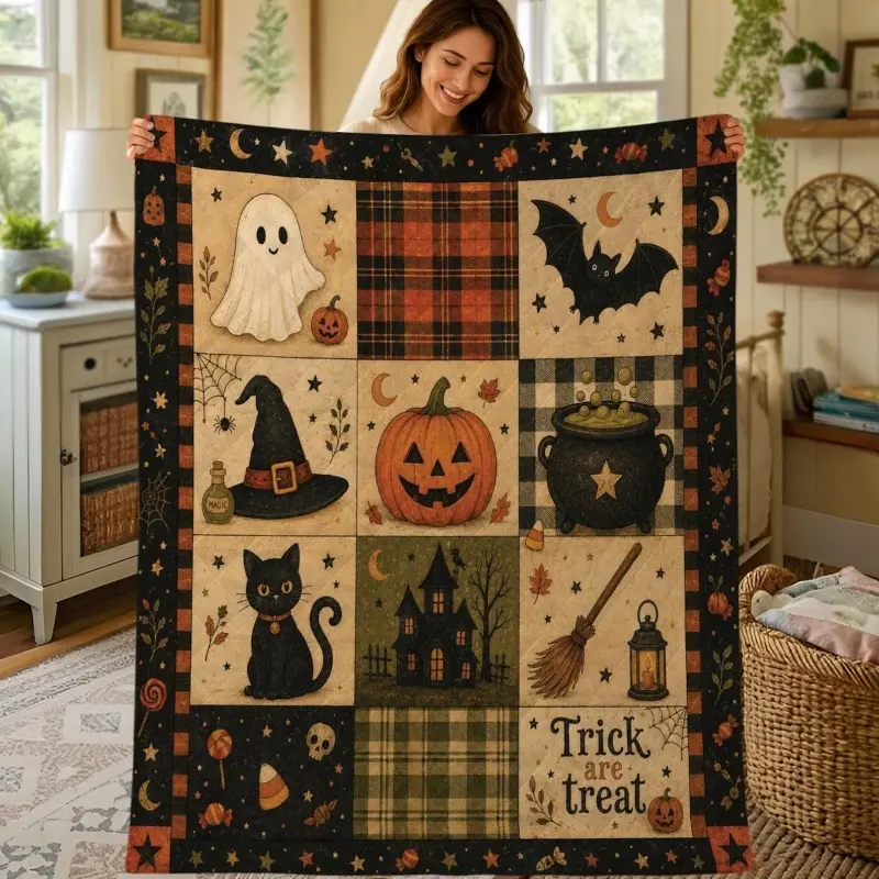 1 Pc Halloween Rustic Patchwork Quilt Blanket - Black Cat, Ghost, Pumpkin Print Throw Blanket for Home Decor, Spooky Holiday Gift