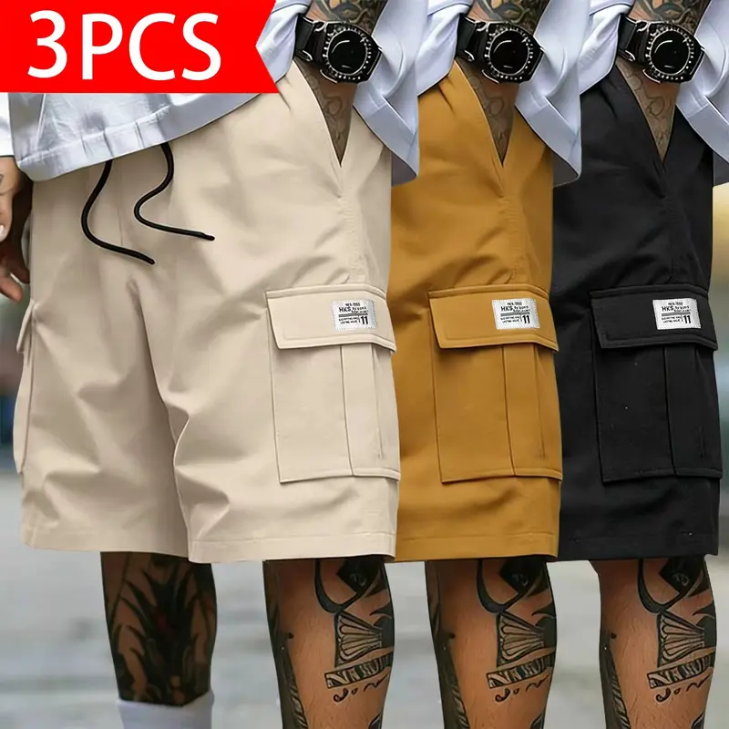 Men’s Cargo Shorts - 3 Practical Pairs, Elastic Waistband, Multiple Cargo Pockets, Outdoor Hiking, Shipping-Ready