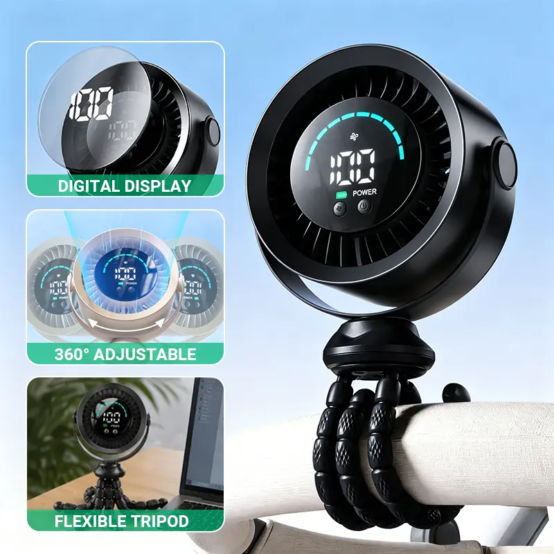 2026 Upgraded Portable Fan with LED Display, Flexible Tripod & 360° Adjustable Design, USB Rechargeable Personal Cooling Fan for Car, Stroller, Desk, Travel & Camping,dorm essentials,home essentials sohochic