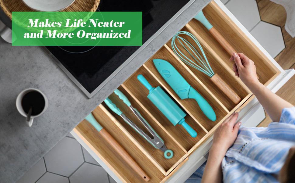 Jumbo Expandable Bamboo Rectangle Drawer Organizer - Adjustable 6-8 Slot Utensils Tray, Durable, Easy-Clean, Warm Bamboo Look, Cosmetic Holder, Box Organiser, Jewelry Storage, Bathroom & Kitchen Accessories