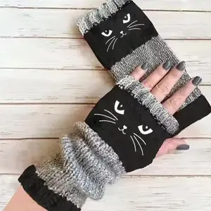 Women's Cozy Knitted Fingerless Gloves with Cute Cat Embroidery - Stylish Hand Warmers for Winter & Holiday Outfits
