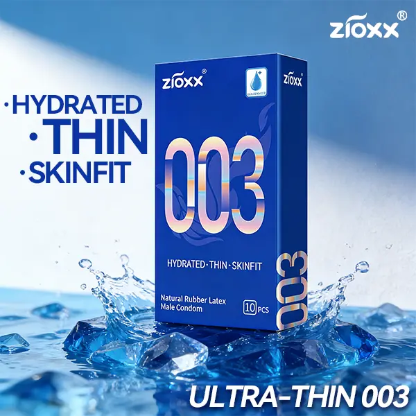 Zioxx 003 Ultra Thin Adult Condoms, Natural Rubber Latex, Hyaluronic Acid Lubricated, Skinfit, Smooth, Soft, Barefeel, Silky HA Glide, Sensitive Touch, Secure, Waterclean Easy, 10 Pcs, Barefeel Thin
