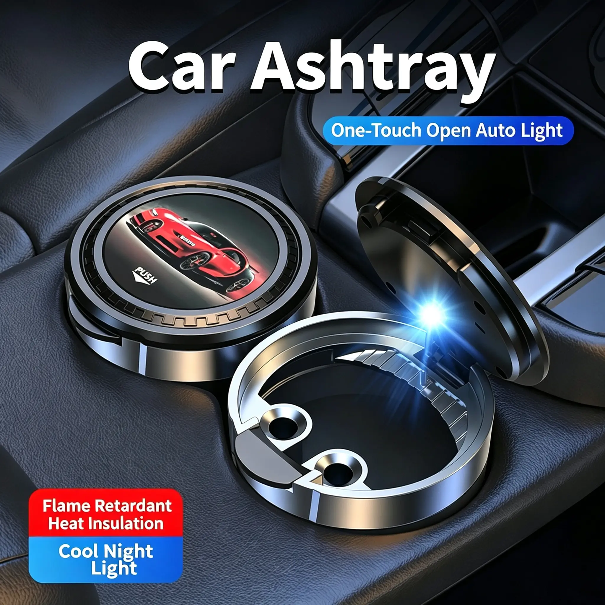Portable Car Ashtray with LED Light One Touch Open Design Cigarette Ashtray for Vehicle Interior Heat Resistant Container Easy to Clean for Daily Driving
