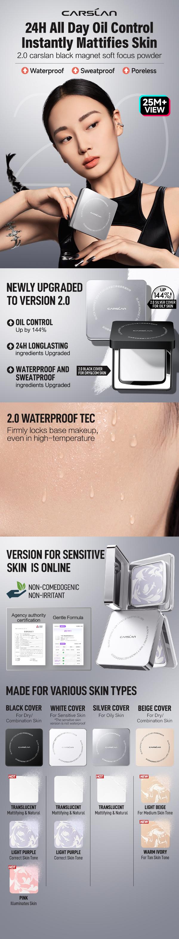 [2.0]CARSLAN Black Magnet Soft Focus Powder+24H Longlasting Cover Liquid Foundation Makeup, Summer Longwear Matte Face Makeup Set