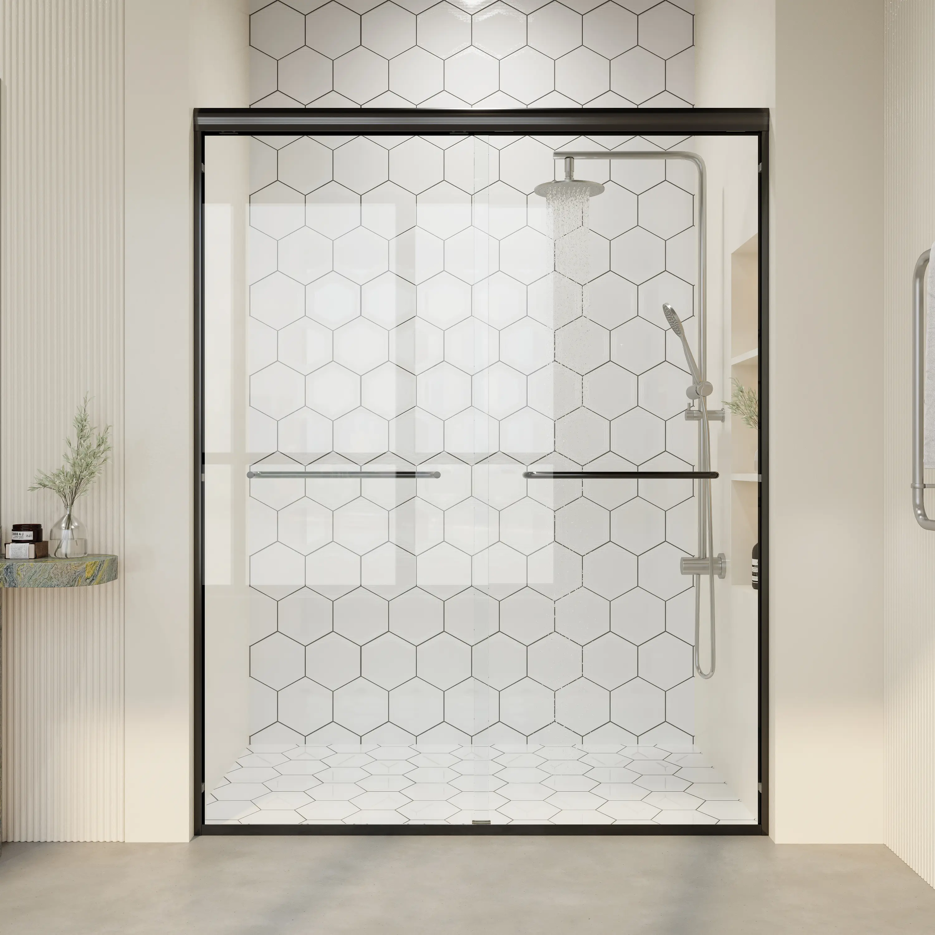 BUILDEPOT Semi-Frameless Dual Sliding Bypass Shower Door (D03-60) for Bathroom Renovation, 56"-60" W x 72" H for Alcoves, 1/4" (6mm) Tempered Glass with Safety Film, Rust-Proof Aluminum Frame, Hardware Kit, Manual for DIY Users, Effortless Entry