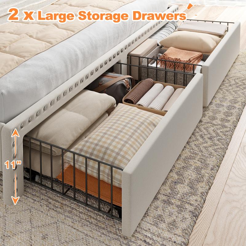 Bed Frame with Headboard and Storage, MATTRESS NOT INCLUDED OR OFFERED, Upholstered  Bed Frame with Storage, 2 Drawers,, NO Noise, No Box Spring Needed