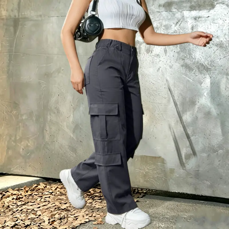 Women’s American vintage cargo pants with multiple pockets, solid color, elastic high waist, loose straight cut—versatile cargo pants for everyday wear, commuting, shopping, dates, and going out.