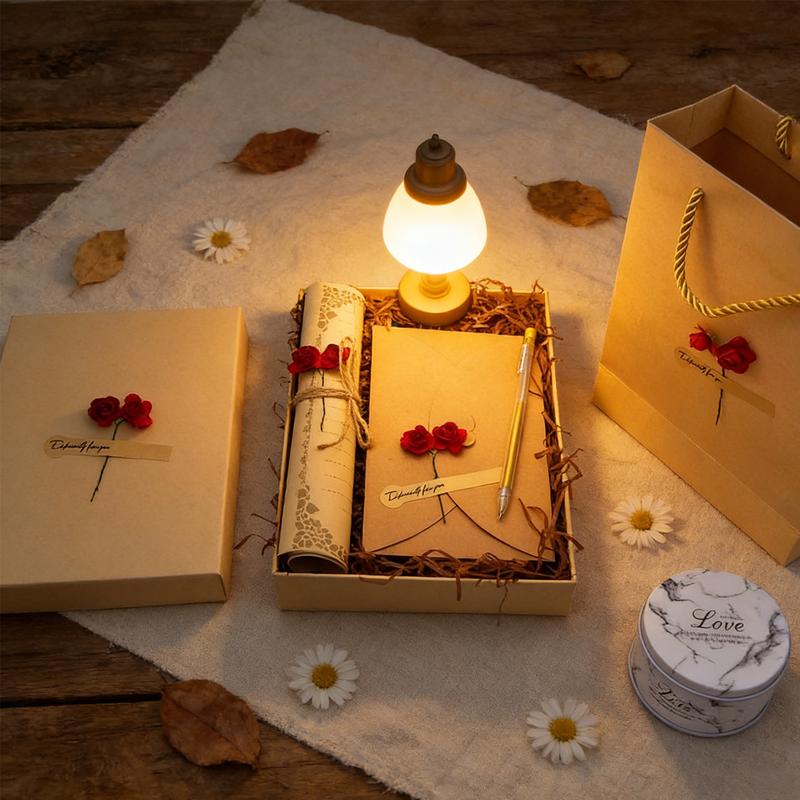 Valentine's Day Love Letter Stationery Set, Vintage Brown Leather-Toned – Red Rose Paper Envelopes Gift Box for Her