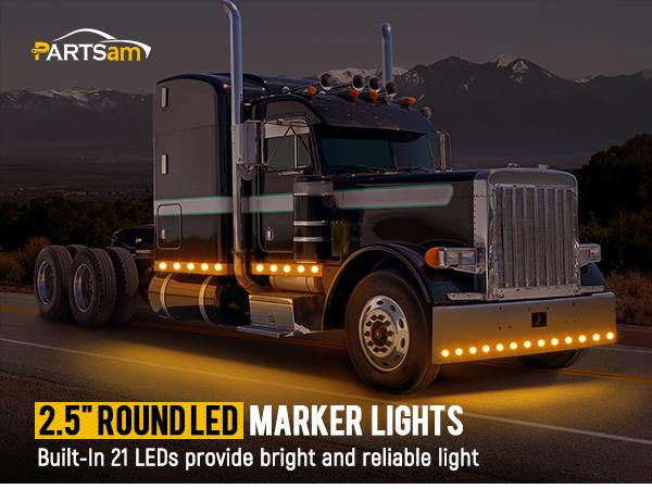 Partsam 10Pcs 2.5" Round Amber 21 LED Side Marker Clearance Lights with Grommet and 2-Prong Wire Pigtail for Trailer Truck RV, Flush Mount, 12V, IP67 Waterproof