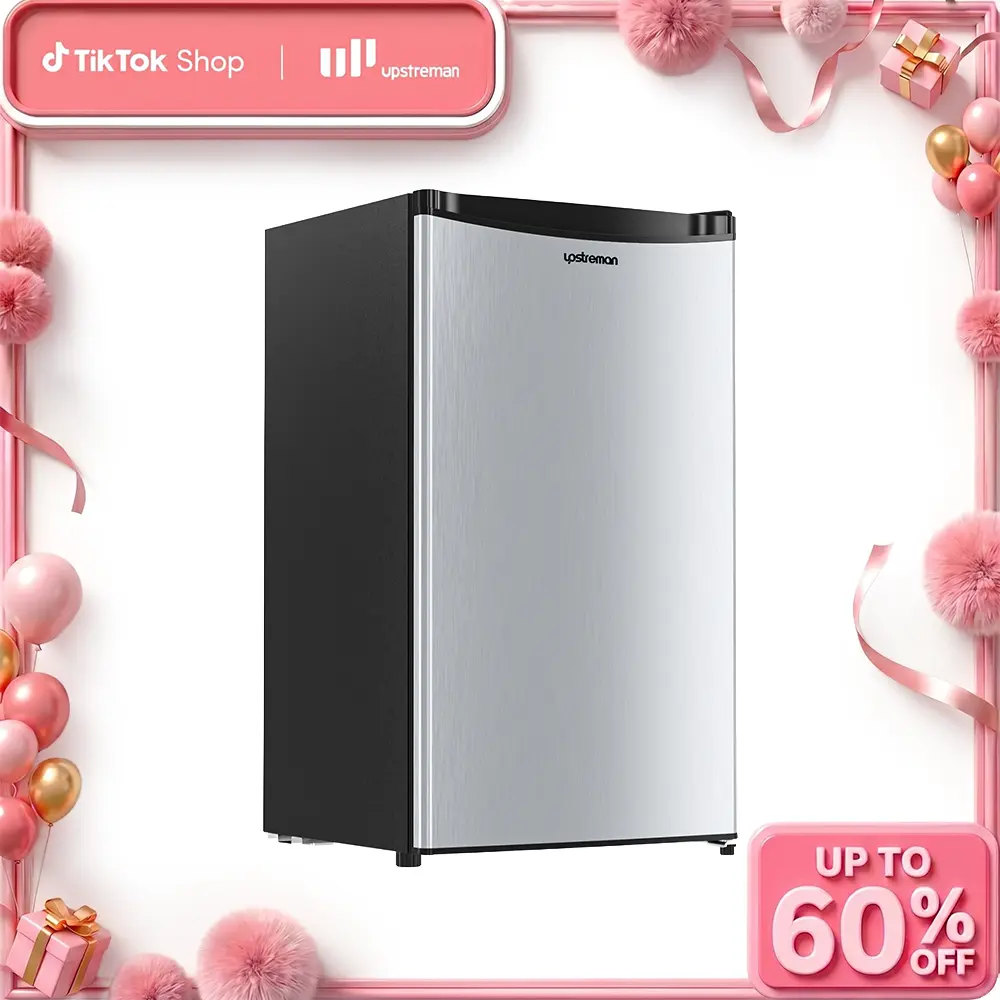 Upstreman mini fridges 3.2 Cu.Ft with Freezer Compact Single-Door Fridge for Dorm Office Bedroom BR321 Adjustable Temperature Thermostat Energy Efficient Quiet Operation Stainless Fridge  brands Small pantry drink fridge skincare fridge tiktokshopspringgl