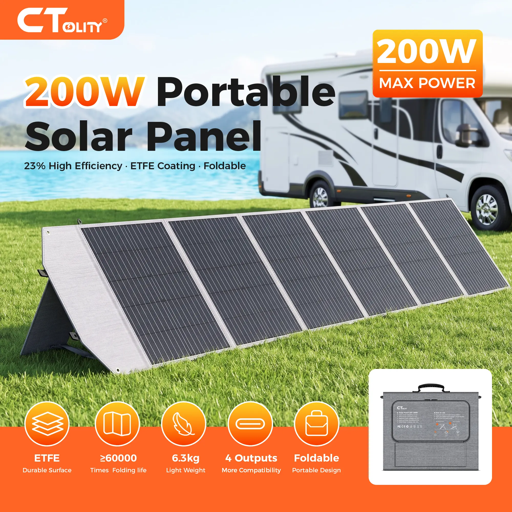 Black Friday Deal CTOLITY ETFE 200W Foldable Solar Panels SPC200 20.5V Portable Solar Charging Panel Complete Kit Outdoor Lifepo4 Power Station charger power bank