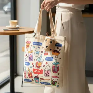 Cream Boba Tote Bag With Double-Sided Bubble Tea Print, Optional Keychain and Pin – Perfect for Fans of Milk Tea and Asian-Inspired Style