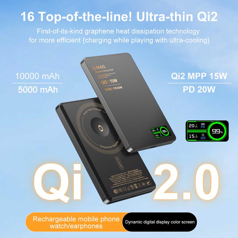 Magnetic MagSafe Wireless Power Bank 15W Fast Charging 5000/10000mAh Ultra Slim 0.35 Inches Card-Style Portable Charger Battery Pack with USB-C Cable Compatible with iPhone and Android Smartphones Watch Wireless Headphones with Aluminum Metallic Texture