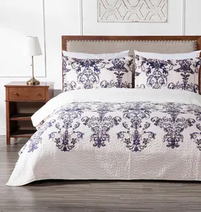 Chloris 3pcs Per-Washed Ivory Navy Floral Medallion Bedspread Quilt Coverlet Set