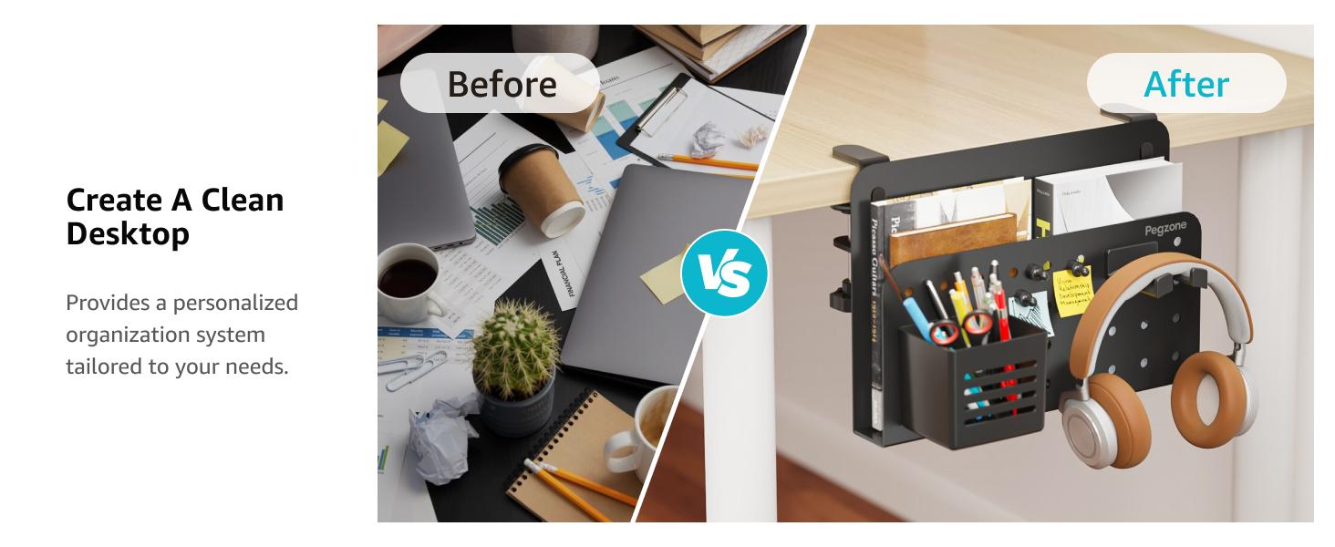 Desk Side Storage Organizer, No Drill Under Desk Laptop Holder, Clamp on Desks Shelf with Pegboard Accessories, Hanging Laptop Mount, Fits Flat Edge 0.4" to 2.2"