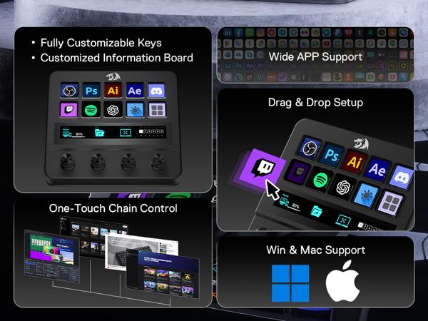 Redragon SS552 Stream Controller - All-in-One Macro Pad with Customization Touch Strip, LCD Keys & Dials, Stream Station for Content Creators, Streaming, Gaming - PC & Mac Compatible