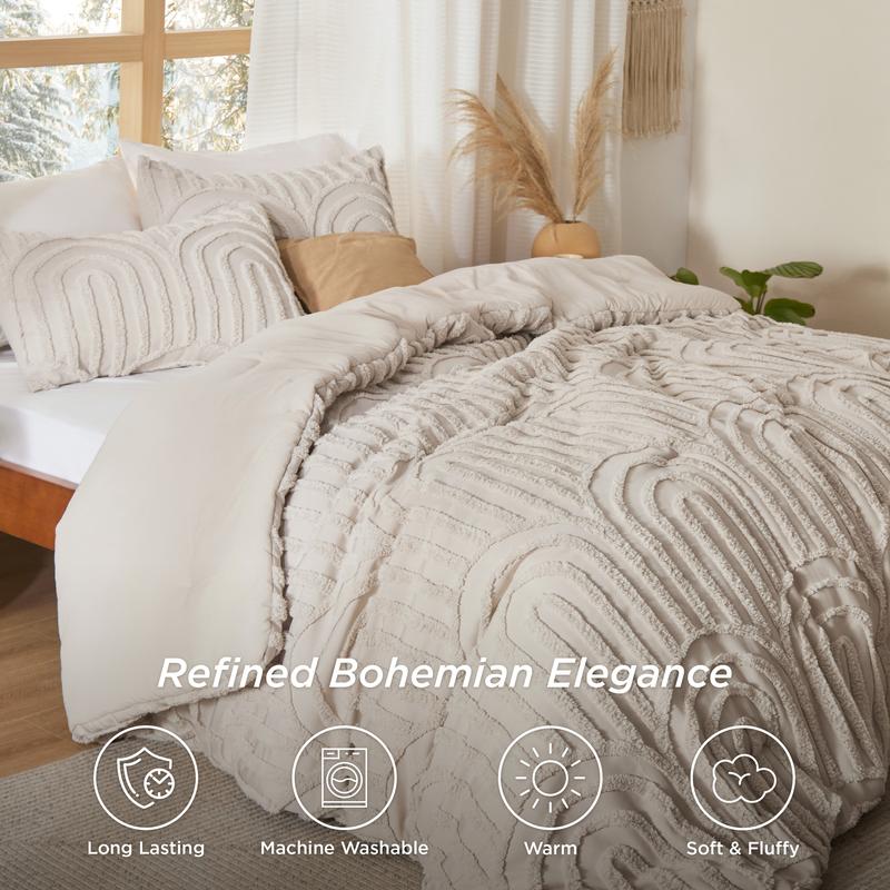 Bedsure Boho Arch Tufted Comforter Set - Beige Boho Bedding Comforter Sets, 3 Pieces Farmhouse Shabby Chic Valentine's Day Gifts Embroidery Bed Set, Soft Fluffy Cozy Arch Pattern Comforter for All Seasons