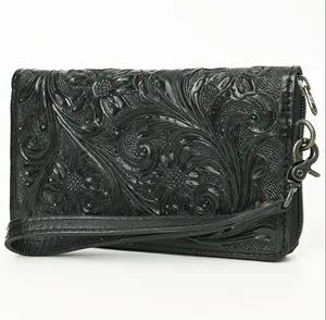 American Darling Hand-Tooled Western Leather Clutch Bag - Genuine Carved Artisan Women Wristlet