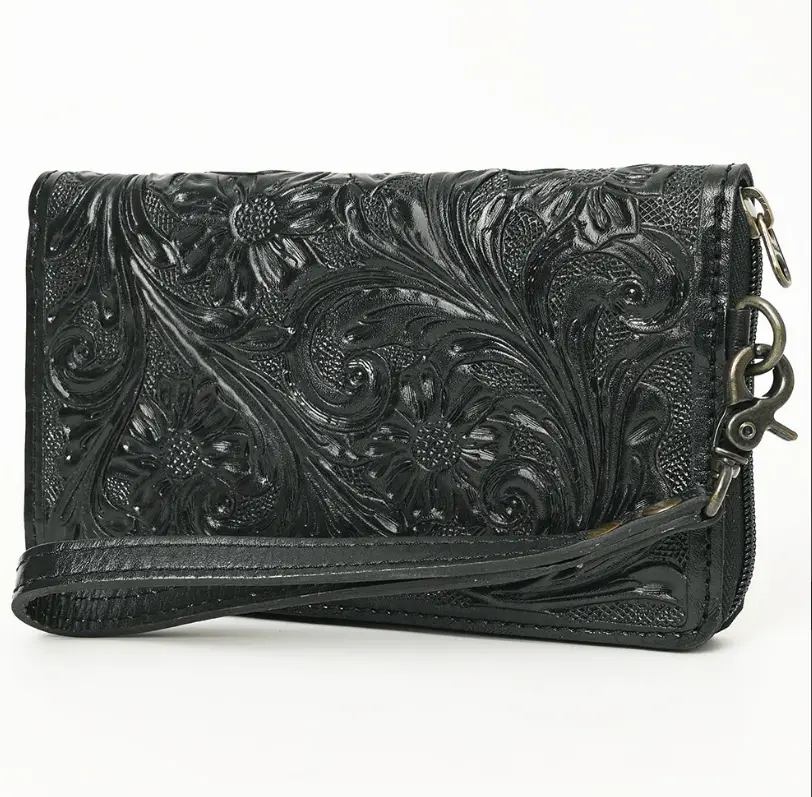 American Darling Hand-Tooled Western Leather Clutch Bag - Genuine Carved Artisan Women Wristlet