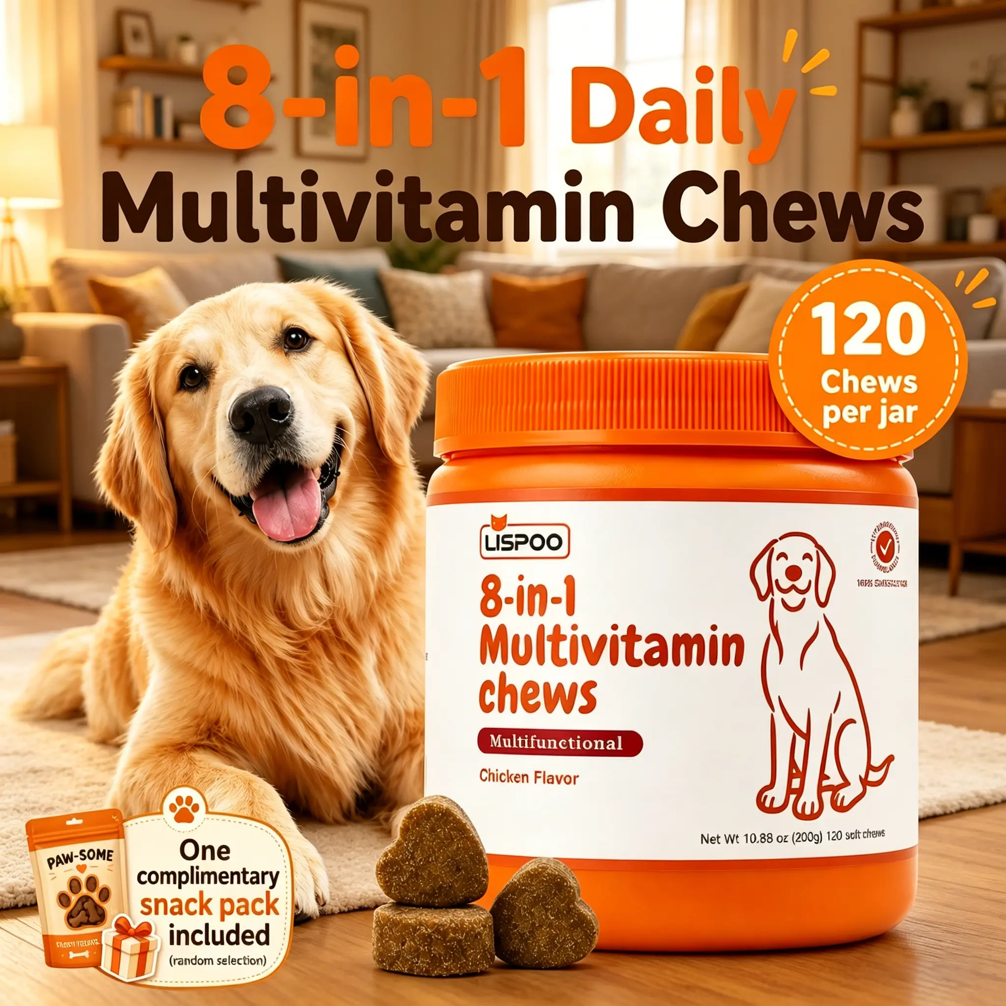 8-in-1 Chewable Multivitamin Bites for Dogs, 120 Soft Chews,LISPOO，3PCS/2PCS/1PC，Immune Support Dog Supplement, Chicken Flavor Daily Health Treats for Puppies, Adult Dogs & All Breeds hair balls outdoorfun immunity boost