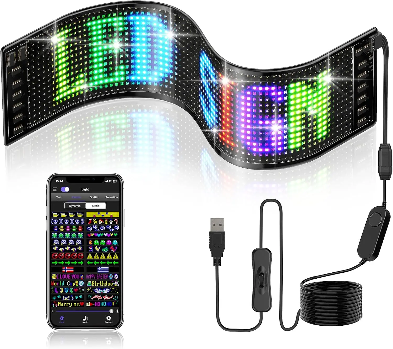 Noahtec 5V USB Acrylic Flexible LED Lights - Bluetooth App-Controlled Programmable Sign with Custom Text-Pattern-Animation, IP66 Waterproof Auto Accessories for Car, Restaurant, Hotel, Wedding Decor