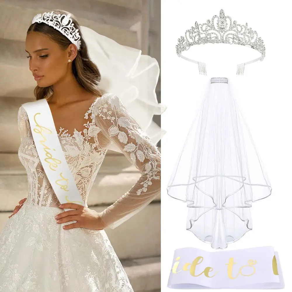Bridal Shower Accessories for Women, 3-Piece Bachelorette Party Set with Crystal Tiara, Glitter "Bride to Be" Sash & Tulle Veil